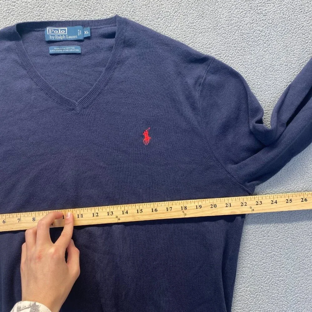Polo Ralph Lauren Sweater Mens Size XL Blue V-Neck Pima Cotton Knit Pullover